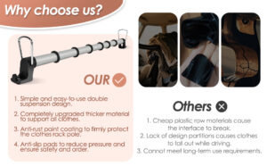 car clothes hanger bar, adjustable 30 64 inch clothes rack for car travel, heavy duty wrinkle free telescopic cars hanger for trucks, suvs, rvs, toad trippers, and rvs