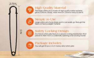 extra large safety pins heavy duty, 5 inch giant safety pin, 10 pcs black big safety pin, jumbo safety pins for clothes, blankets, thick fabric, decorations