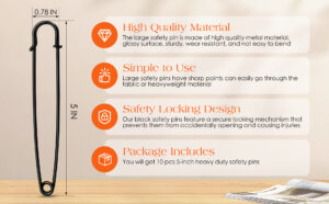 extra large safety pins heavy duty, 5 inch giant safety pin, 10 pcs black big safety pin, jumbo safety pins for clothes, blankets, thick fabric, decorations