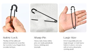 extra large safety pins heavy duty, 5 inch giant safety pin, 10 pcs black big safety pin, jumbo safety pins for clothes, blankets, thick fabric, decorations