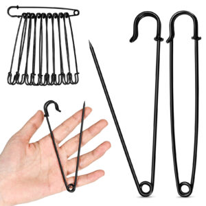 extra large safety pins heavy duty, 5 inch giant safety pin, 10 pcs black big safety pin, jumbo safety pins for clothes, blankets, thick fabric, decorations